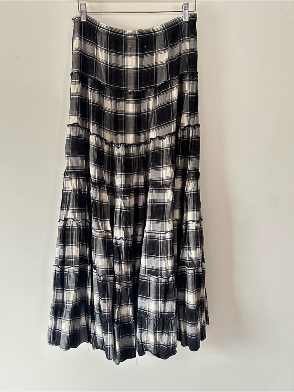 Ralph Lauren Denim & Supply Black and Cream Plaid Tiered Maxi Skirt Western M